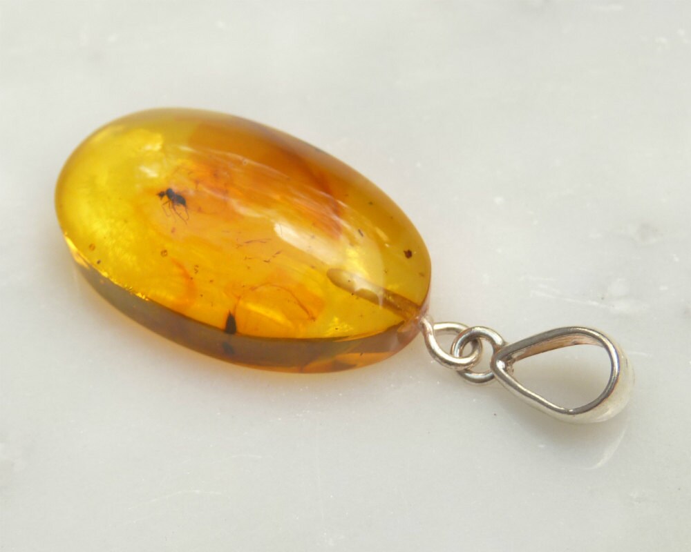 Baltic Amber Pendant with Fossil Insect Oval 1.8" 3.7 gram 925 Silver