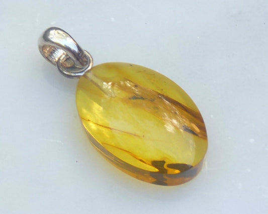 Baltic Amber Pendant with Fossil Insects Oval Natural Untreated Honey 1.34" 2 gram 925 Silver