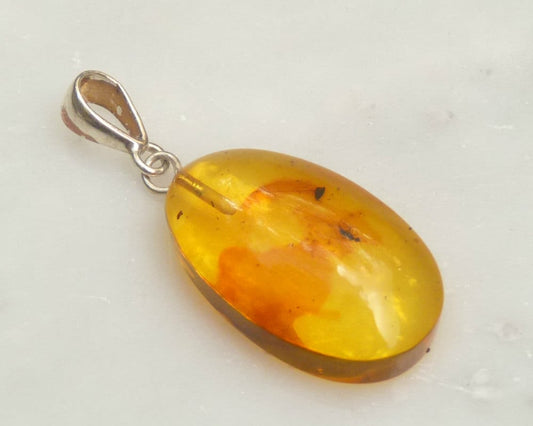 Baltic Amber Pendant with Fossil Insect Oval 1.8" 3.7 gram 925 Silver