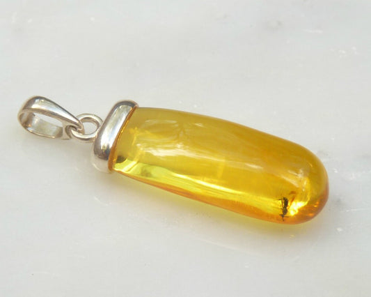 Baltic Amber Pendant with Fossil Insects Fly 1.57" Natural Honey 3.1 gram 925 Silver
