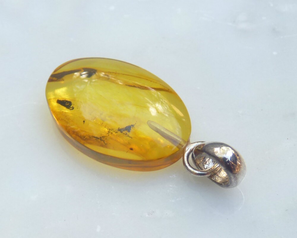 Baltic Amber Pendant with Fossil Insects Oval Natural Untreated Honey 1.34" 2 gram 925 Silver