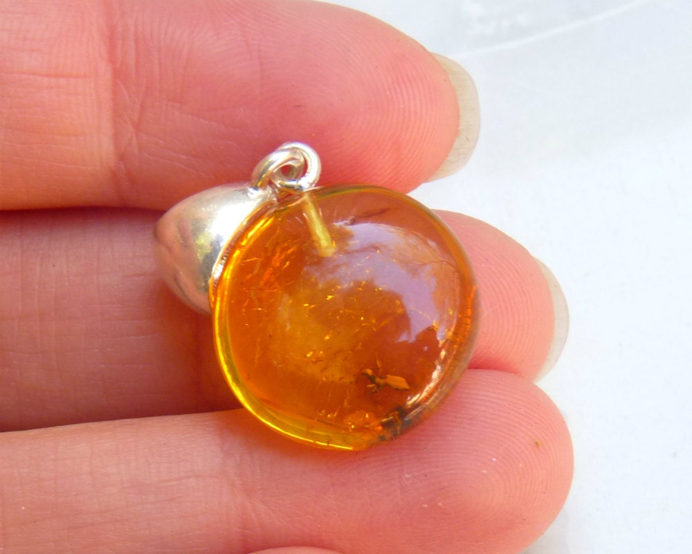 Baltic Amber Pendant with Fossil Insect Round Natural Untreated 1.26" 2.7 gram