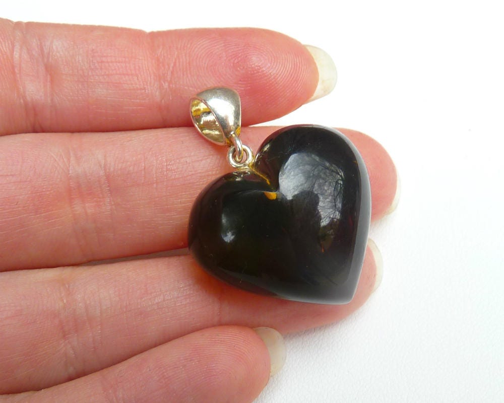 Baltic Amber Heart Pendant Cherry Olive Natural Carved 1.4" 5.3 gram 925 Silver
