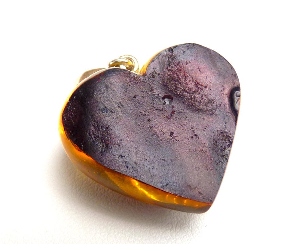 Baltic Amber Heart Pendant Cherry Olive Natural Carved 1.4" 5.3 gram 925 Silver
