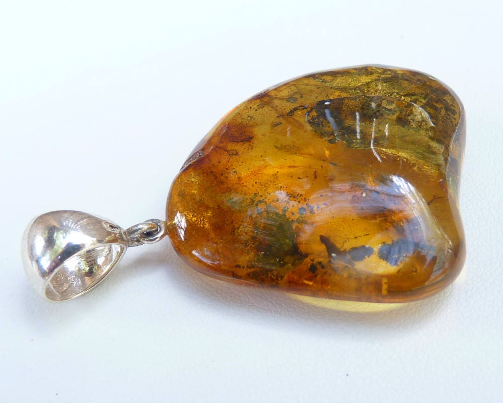 Baltic Amber Pendant with Fossil Insect and Debris Natural Untreated Inclusions 2.14" 9.6 gram 925 Silver