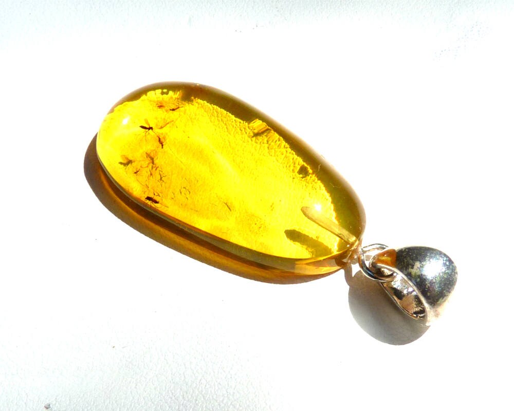 Baltic Amber Pendant with Fossil Insects Natural Yellow Drop 1.87" 4.8 gram gram 925 Silver