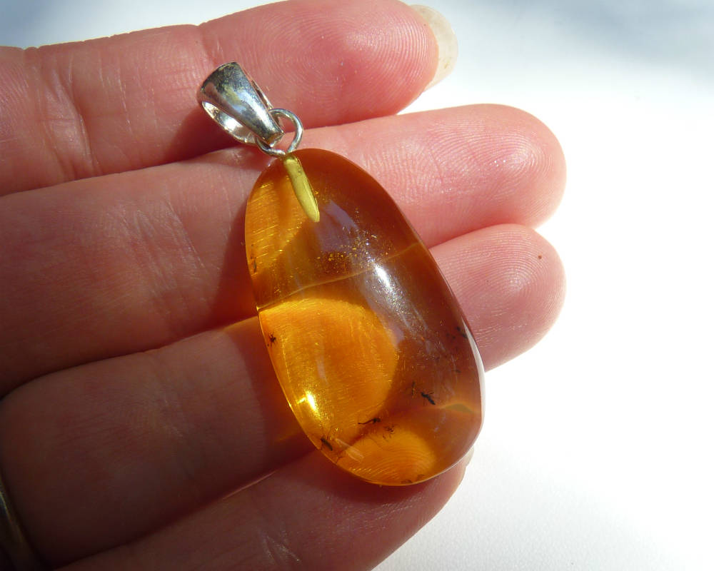 Baltic Amber Pendant with Fossil Insects Natural Yellow Drop 1.87" 4.8 gram gram 925 Silver