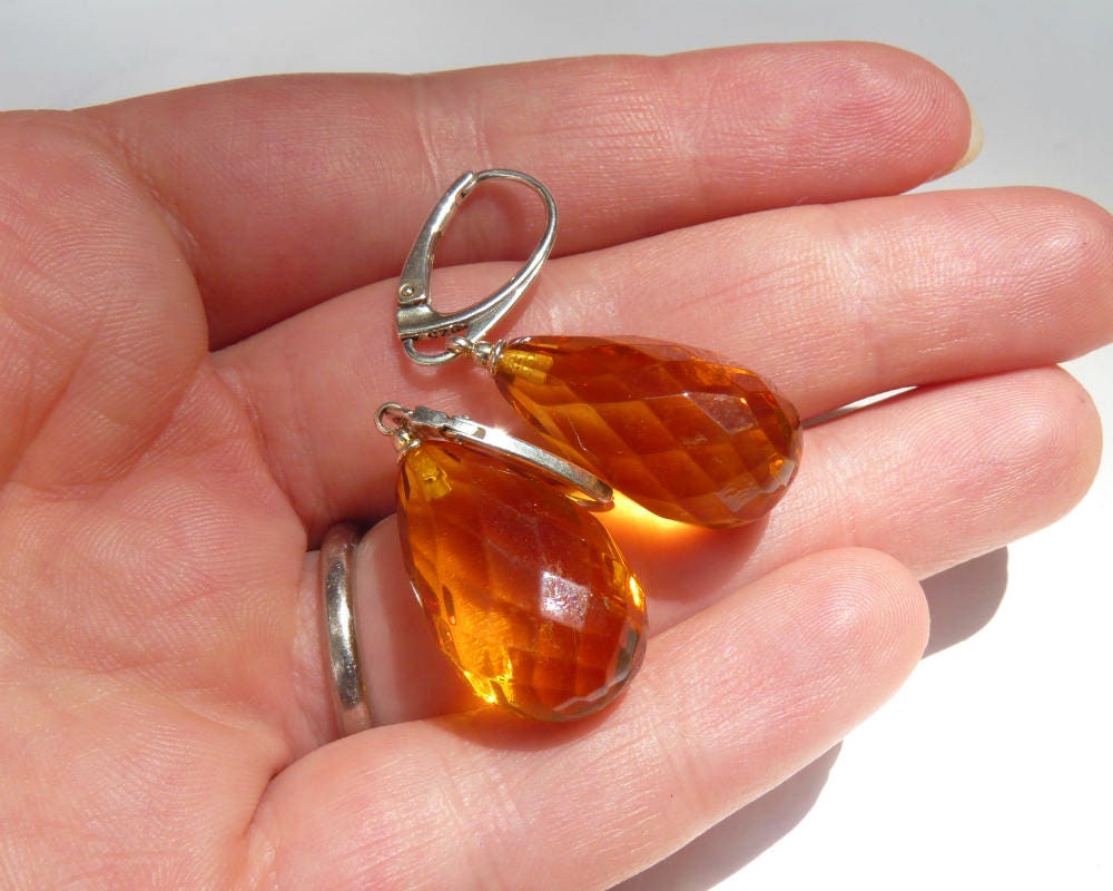 Baltic Amber Earrings Honey Faceted Drop Natural Jewelry 1.64" 4.8 gram 925 Silver