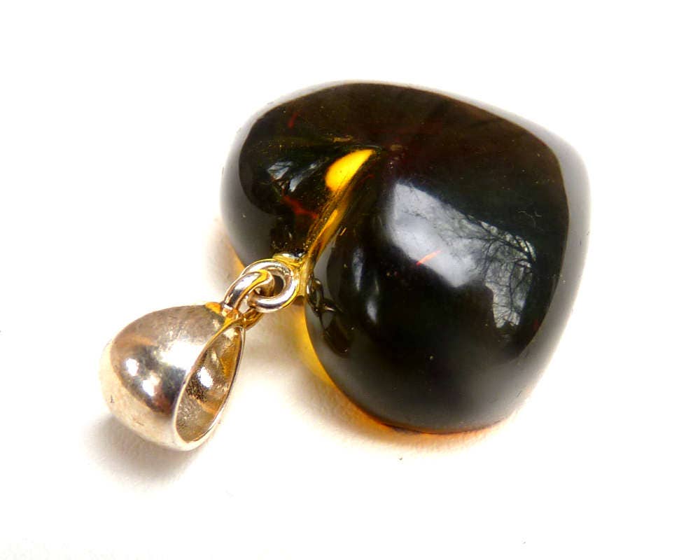 Baltic Amber Heart Pendant Cherry Olive Natural Carved 1.4" 5.3 gram 925 Silver