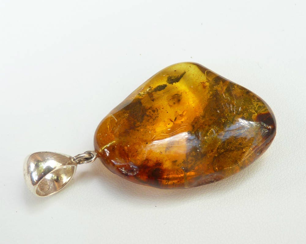 Baltic Amber Pendant with Fossil Insect and Debris Natural Untreated Inclusions 2.14" 9.6 gram 925 Silver