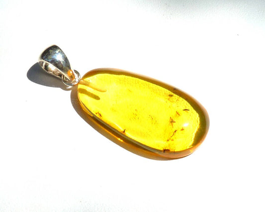 Baltic Amber Pendant with Fossil Insects Natural Yellow Drop 1.87" 4.8 gram gram 925 Silver