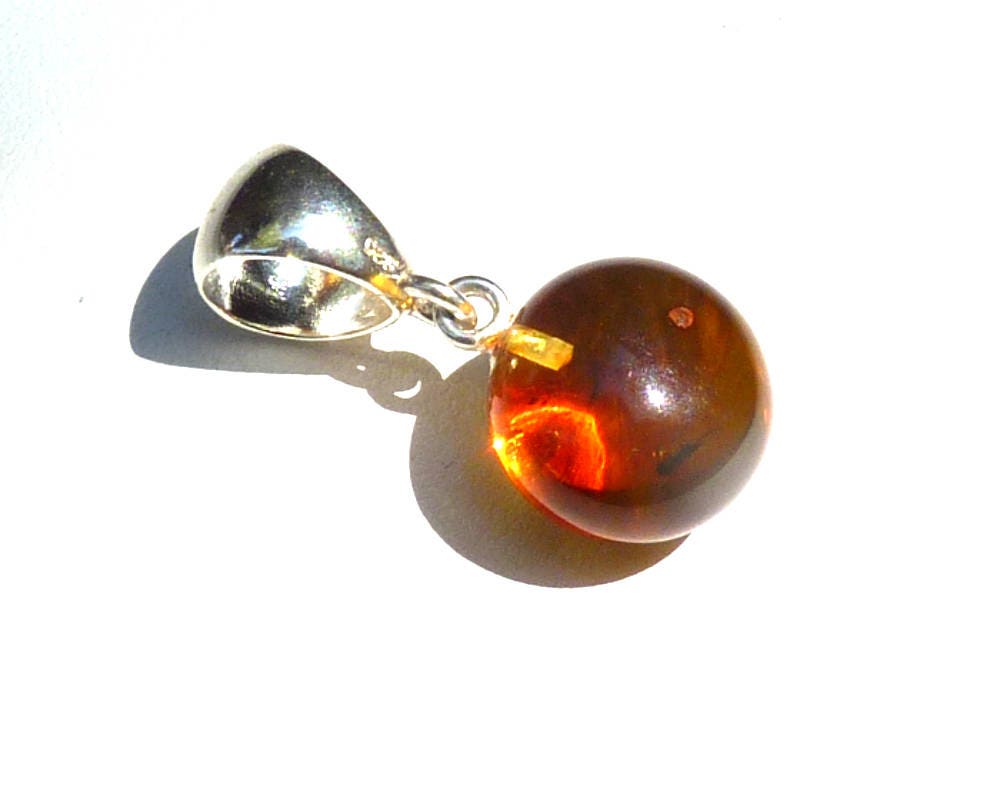 Baltic Amber Pendant with Fossil Insect Ball Fly Natural Untreated Honey 1.1" 2.5 gram 925 Silver