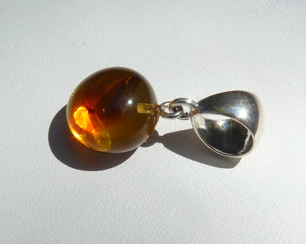 Baltic Amber Pendant with Fossil Insect Ball Fly Natural Untreated Honey 1.1" 2.5 gram 925 Silver