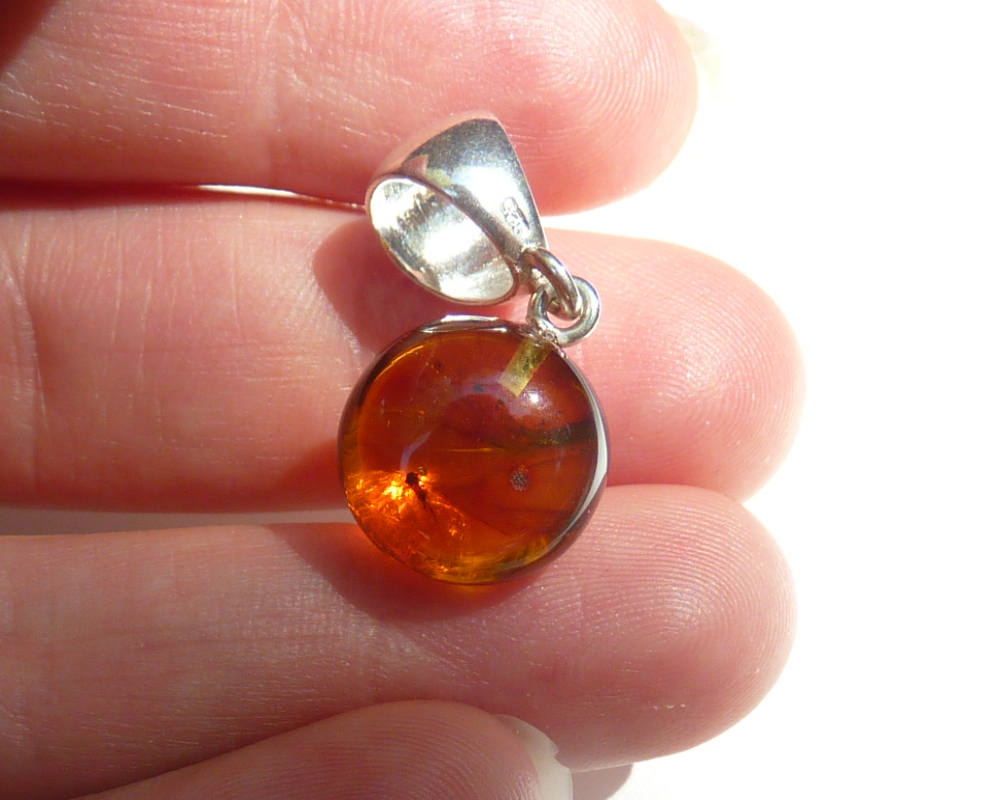 Baltic Amber Pendant with Fossil Insect Ball Fly Natural Untreated Honey 1.1" 2.5 gram 925 Silver