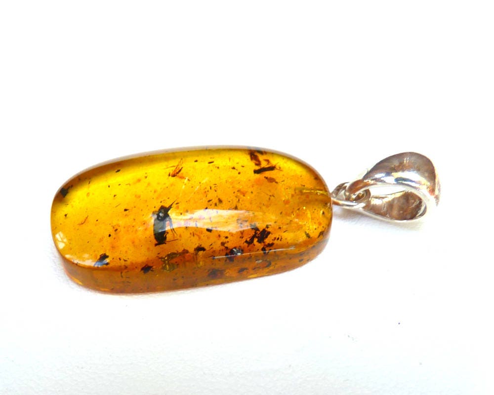 Baltic Amber Pendant with Fossil Insect Bugs Honey Natural 1.58" 3.1 gram 925 Silver