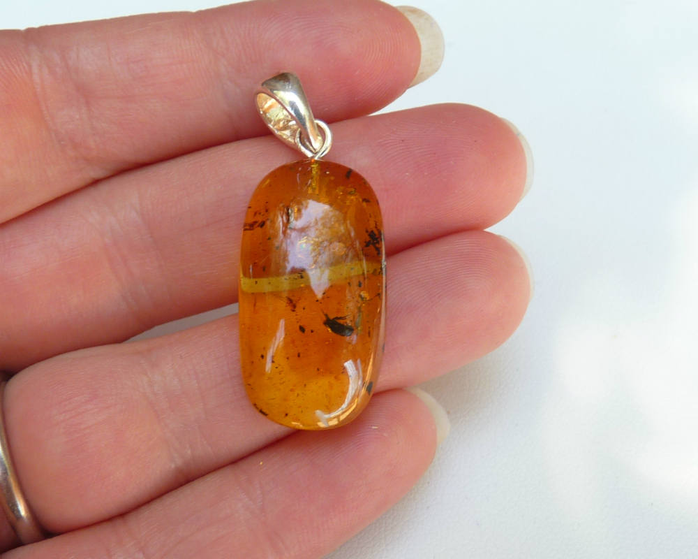 Baltic Amber Pendant with Fossil Insect Bugs Honey Natural 1.58" 3.1 gram 925 Silver