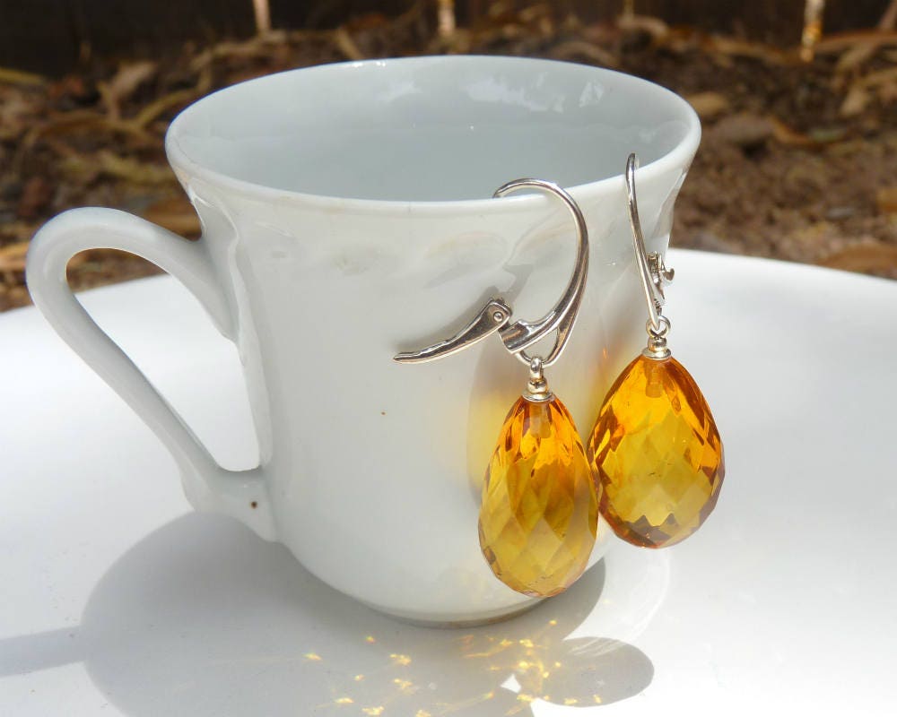 Baltic Amber Earrings Honey Faceted Drop Natural Jewelry 1.64" 4.8 gram 925 Silver