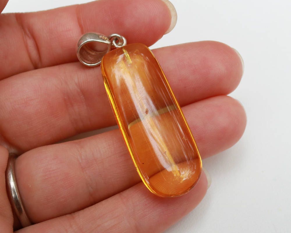 Baltic Amber Pendant with Fossil Insect Yellow Natural Untreated 2.12" 4 gram 925 Silveer