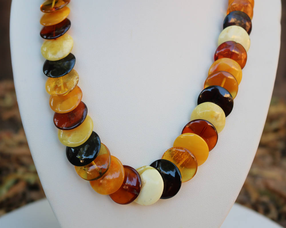 Baltic Amber Necklace Multicolor Graduated Disc Beads Natural Jewelry 19.7" 42.5 gram