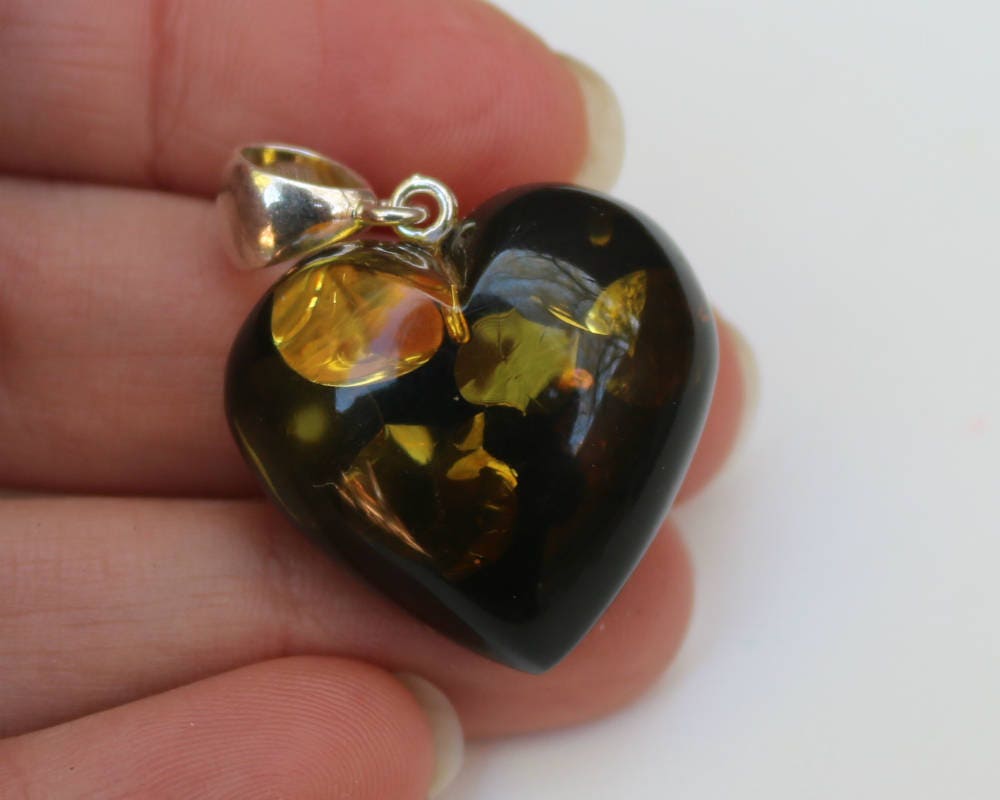 Baltic Amber Heart Pendant Green Sparkling Jewelry 1.43" 5 gram 925 Silver