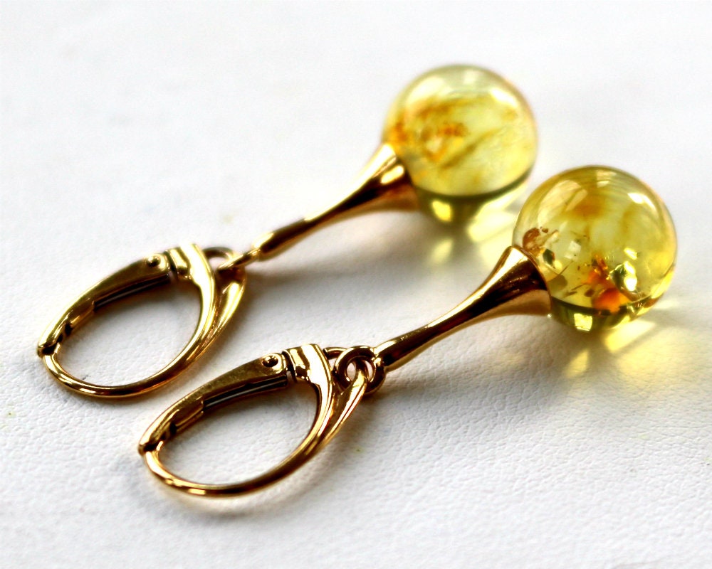 Baltic Amber Earrings Yellow Lemon Gold Plated Dangling Jewelry 11 mm 1.61" 3.9 gram