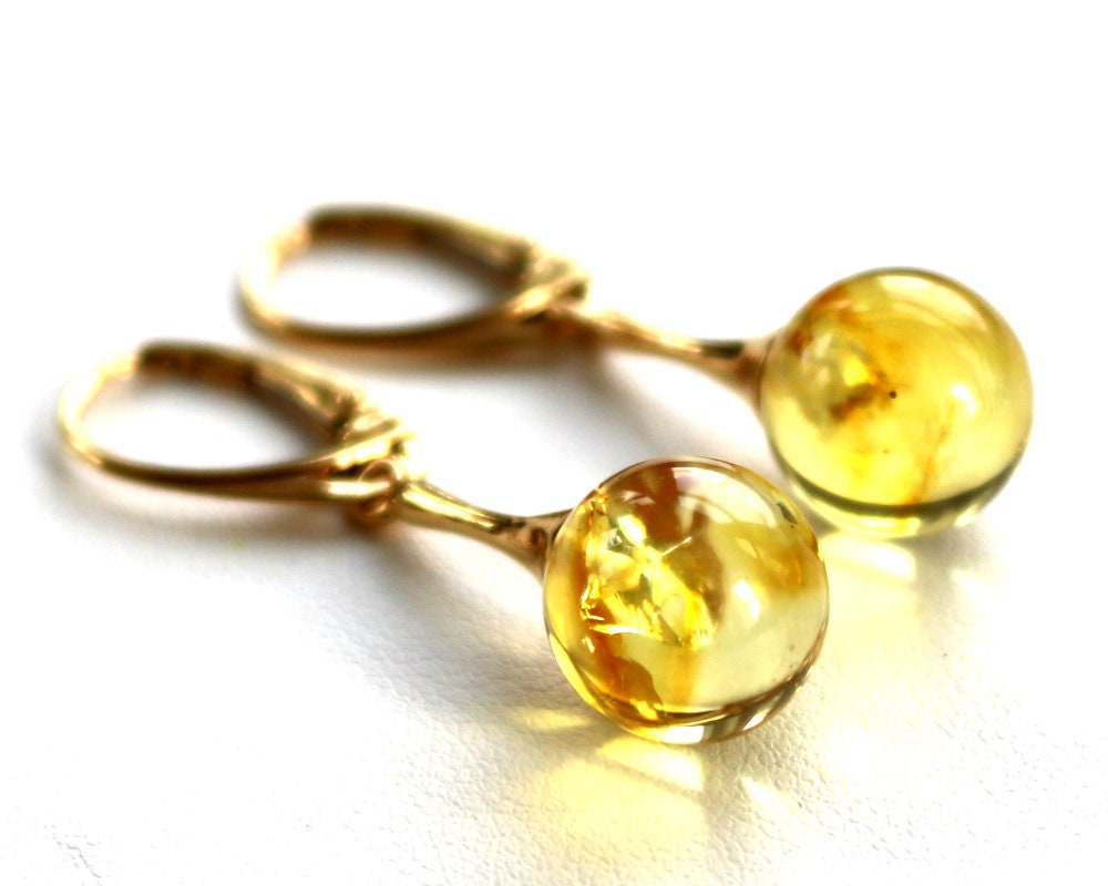 Baltic Amber Earrings Yellow Lemon Gold Plated Dangling Jewelry 11 mm 1.61" 3.9 gram