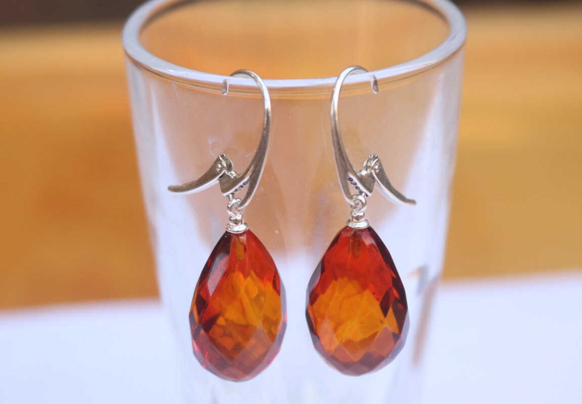 Baltic Amber Earrings Faceted Cherry Drops Natural Jewelry 1.6" 5 gram 925 silver
