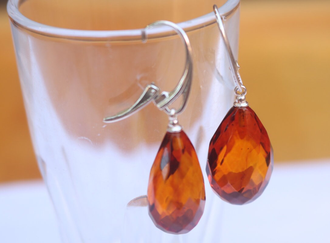 Baltic Amber Earrings Faceted Cherry Drops Natural Jewelry 1.6" 5 gram 925 silver