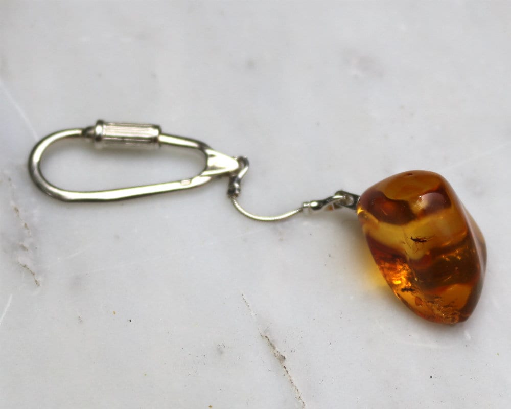 Baltic Amber Jewelry Keychain with Fossil Insects Inclusions Natural 8.1 gram 925 Silver