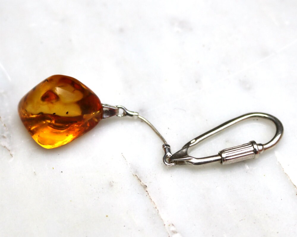 Baltic Amber Jewelry Keychain with Fossil Insects Inclusions Natural 8.1 gram 925 Silver