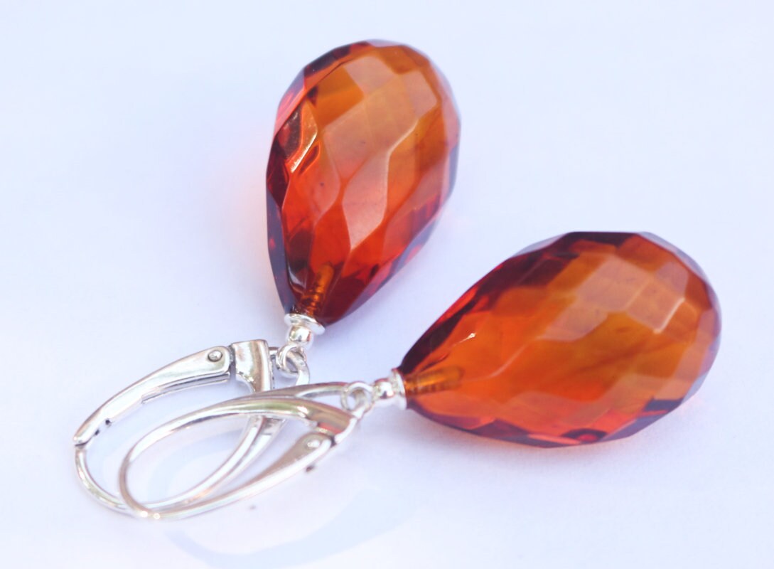 Baltic Amber Earrings Faceted Cherry Drops Natural Jewelry 1.6" 5 gram 925 silver
