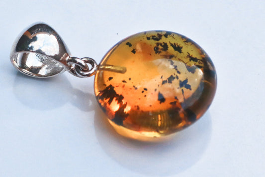 Baltic Amber Pendant Fossil Insect Round Inclusions Honey Natural 1.29" 3.3 gram 925 Silver