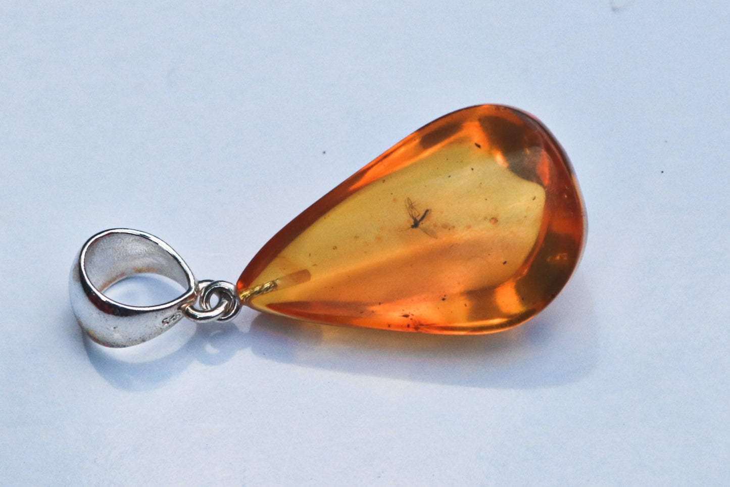Baltic Amber Pendant with Fossil Insect Drop Honey Natural Untreated Jewelry 1.77" 4.5 gram 925 Silver