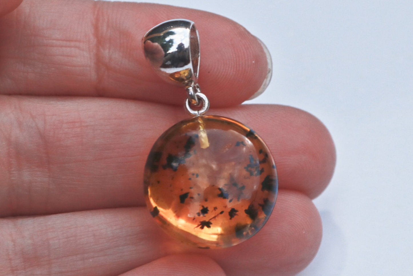Baltic Amber Pendant Fossil Insect Round Inclusions Honey Natural 1.29" 3.3 gram 925 Silver