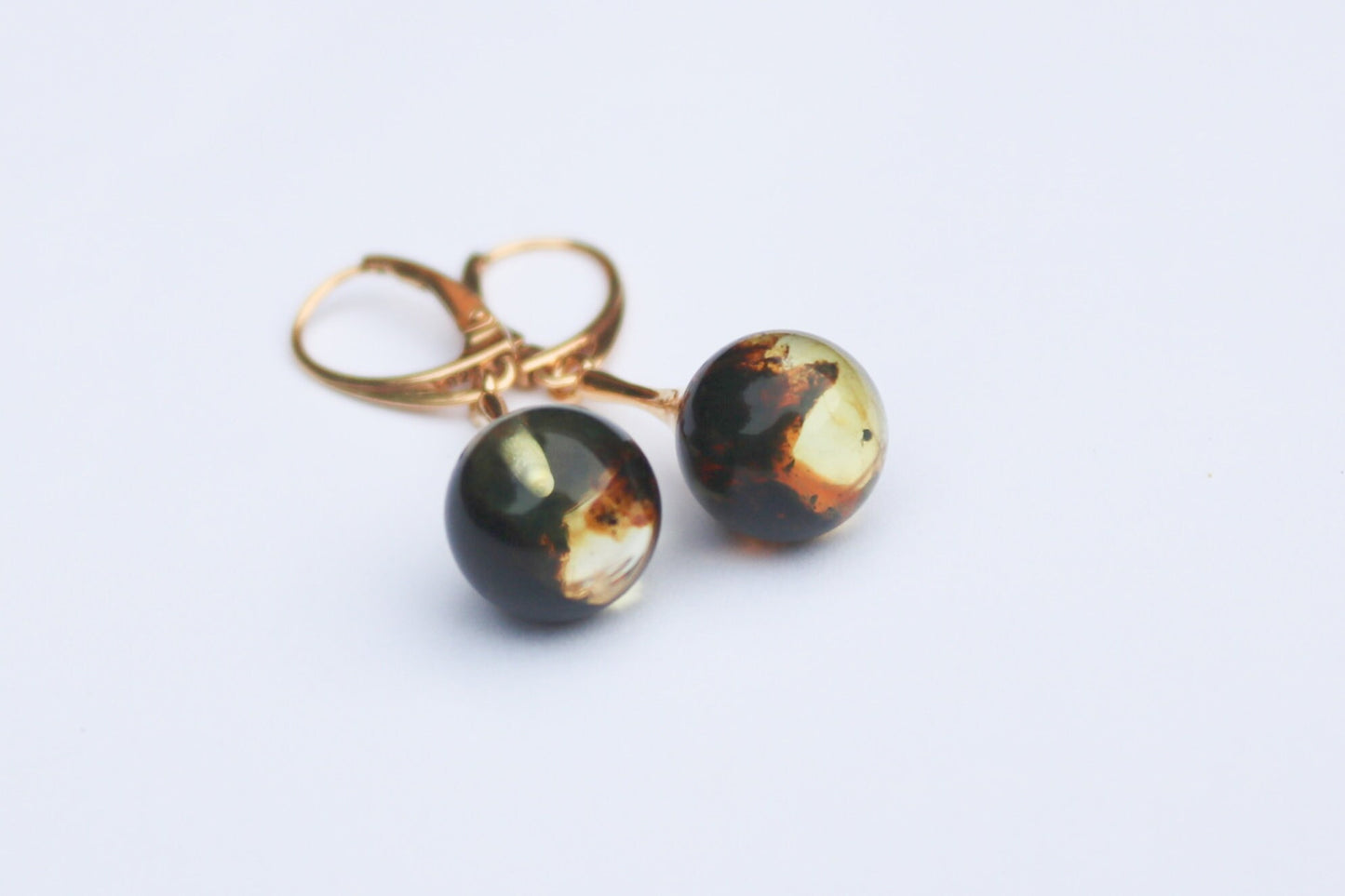 Baltic Amber Green Earrings Ball Gold Plated 1.67" 4 gram 925 Silver