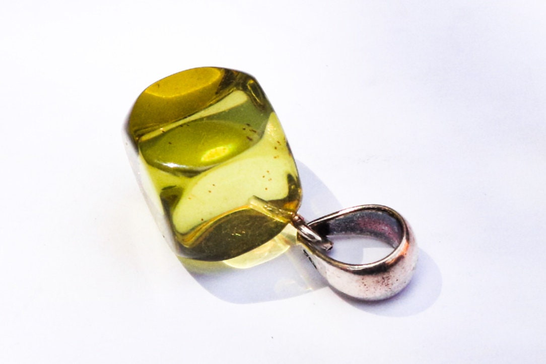 Baltic Amber Pendant Green Faceted Cube Natural Unisex 1.1" 2.4 gram 925 Silver