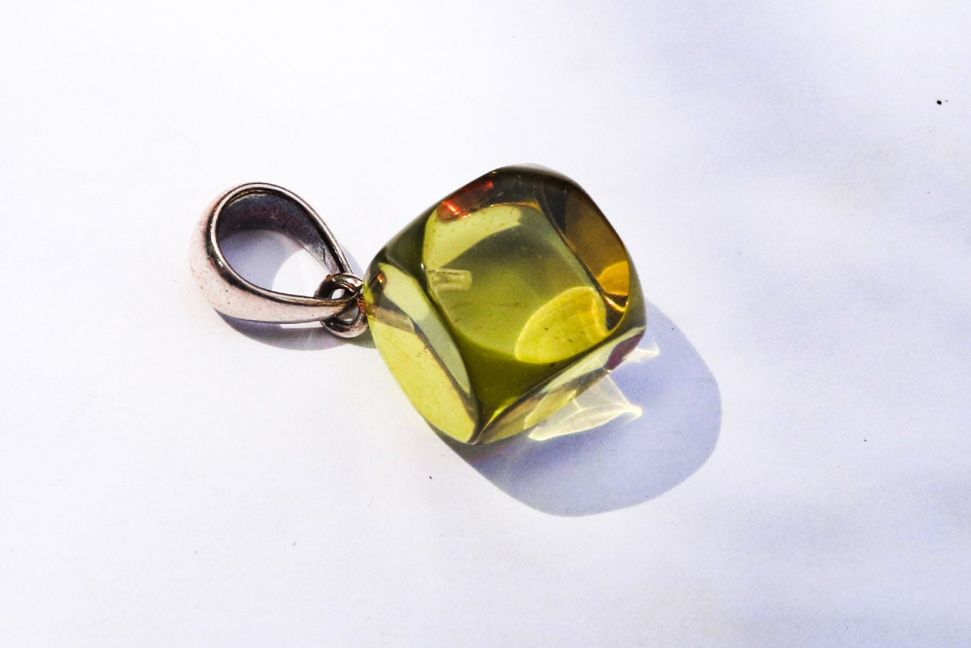 Baltic Amber Pendant Green Faceted Cube Natural Unisex 1.1" 2.4 gram 925 Silver