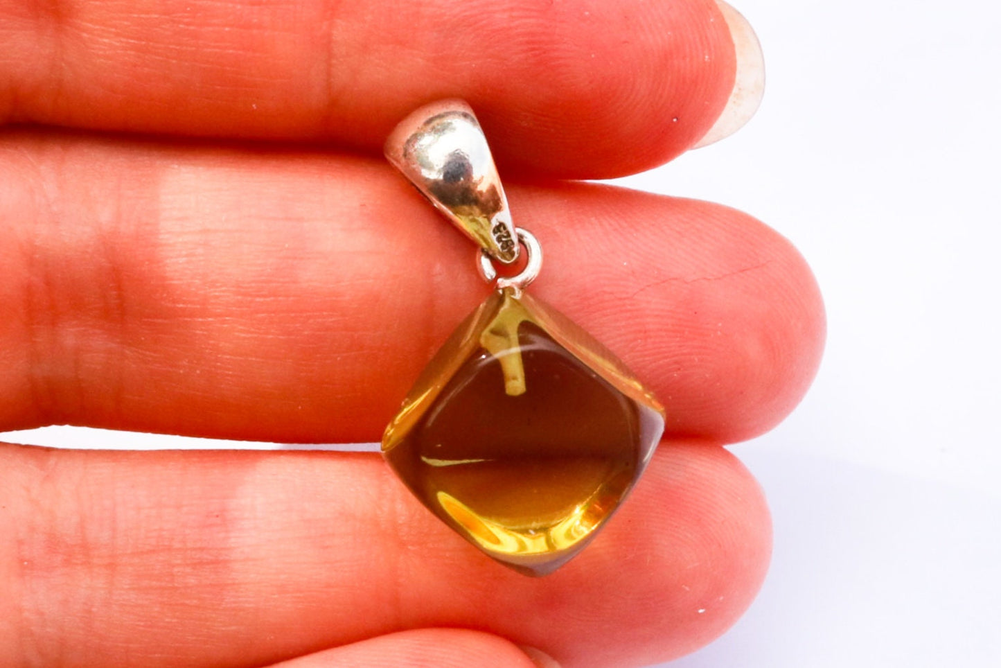 Baltic Amber Pendant Green Faceted Cube Natural Unisex 1.1" 2.4 gram 925 Silver
