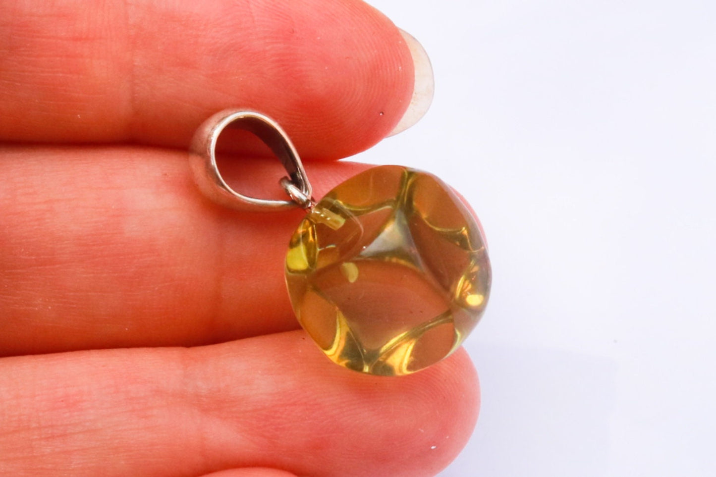Baltic Amber Pendant Green Faceted Cube Natural Unisex 1.1" 2.4 gram 925 Silver