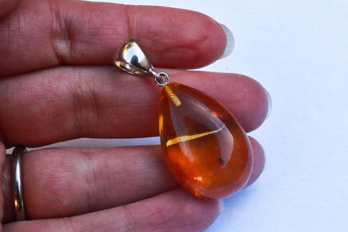 Baltic Amber Round Pendant with Fossil Insect Drop Yellow Natural 1.78" 4.5 gram 925 Silver