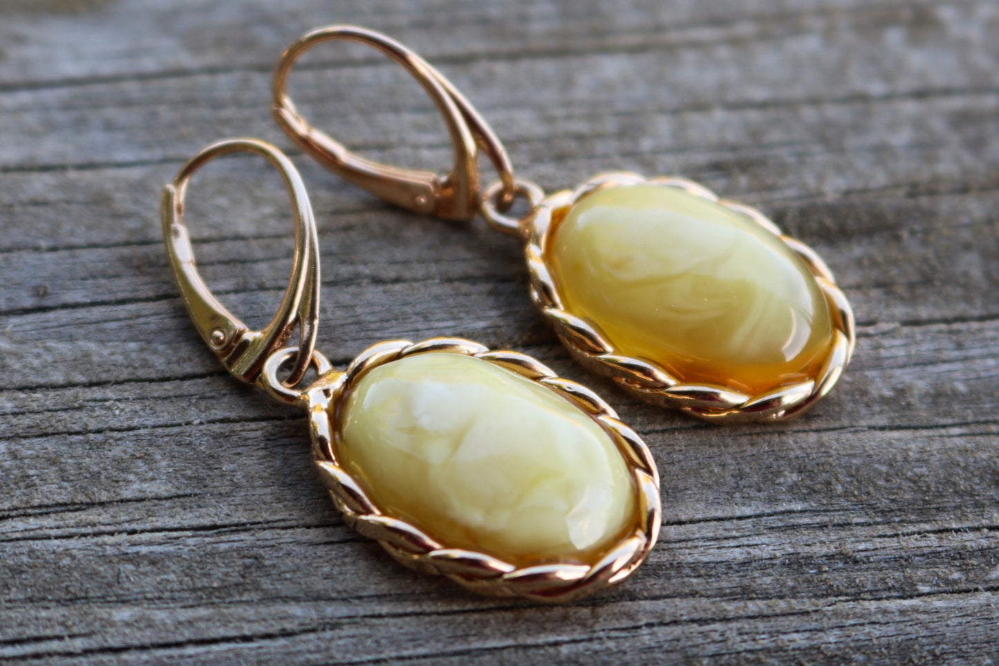 Baltic Amber Earrings Butterscotch Milky Gold Plated Oval Jewelry 1.69" 7.5 gram 925 Silver