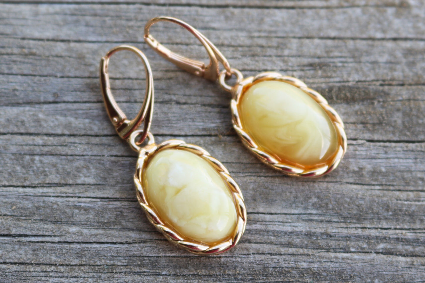 Baltic Amber Earrings Butterscotch Milky Gold Plated Oval Jewelry 1.69" 7.5 gram 925 Silver