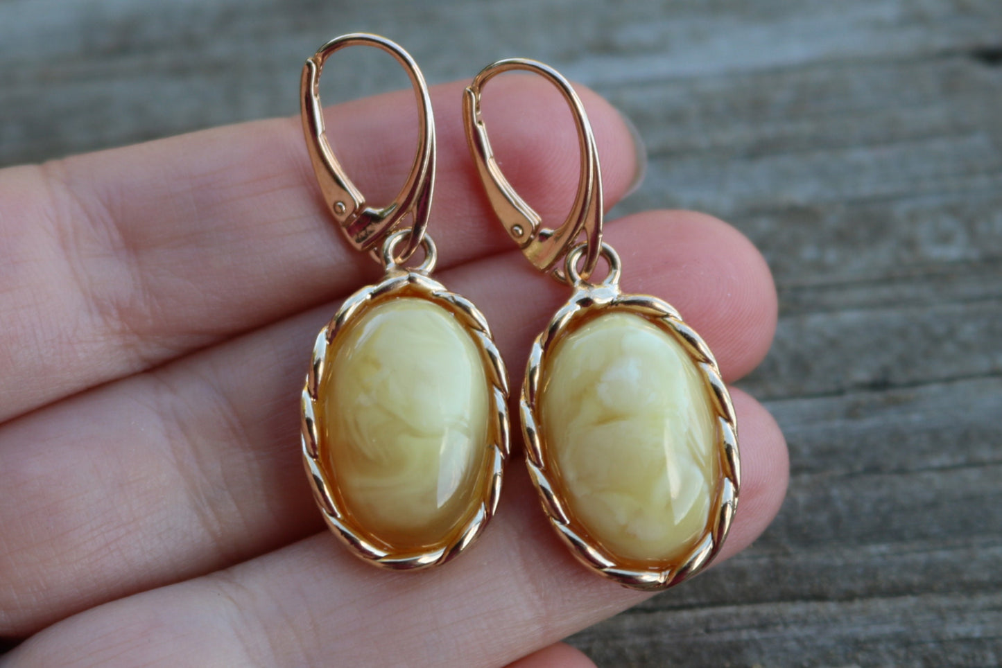 Baltic Amber Earrings Butterscotch Milky Gold Plated Oval Jewelry 1.69" 7.5 gram 925 Silver