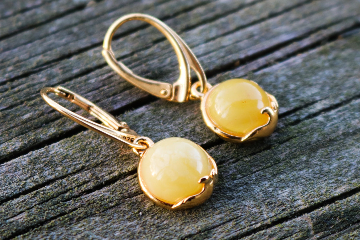Baltic Amber Earrings Butterscotch Milky Gold Plated Oval Jewelry 1.19" 3 gram 925 Silver