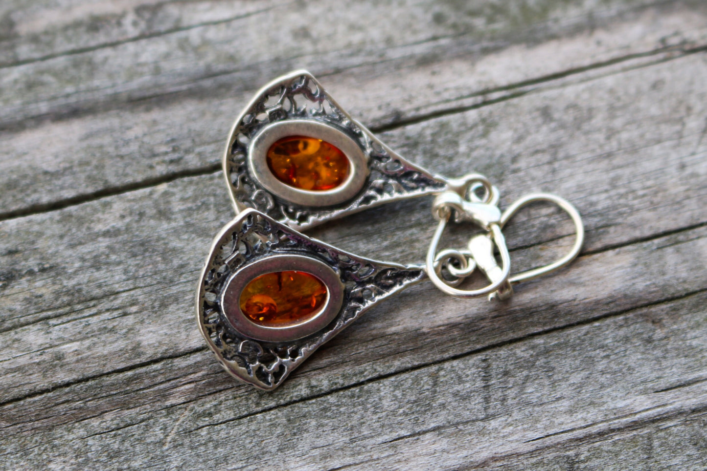 Baltic Amber Cognac Earrings Filigree 1.75" 5.5 gram 925 Silver