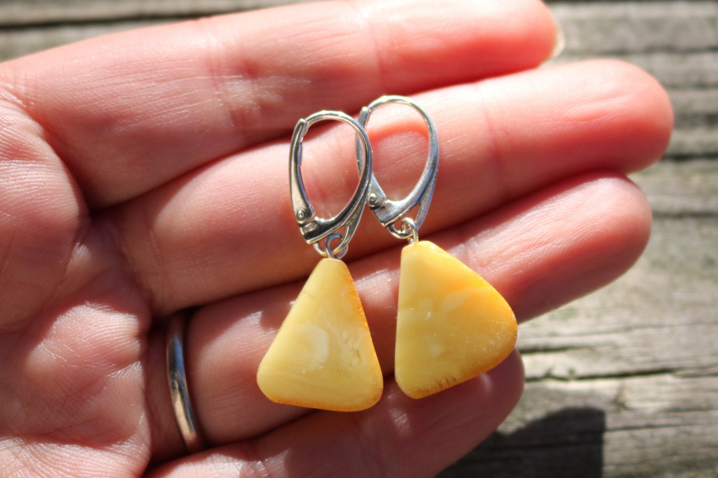 Baltic Amber Earrings Butterscotch Slabs Triangle Yellow Cloudy Natural Untreated 1.45" 2.6 gram
