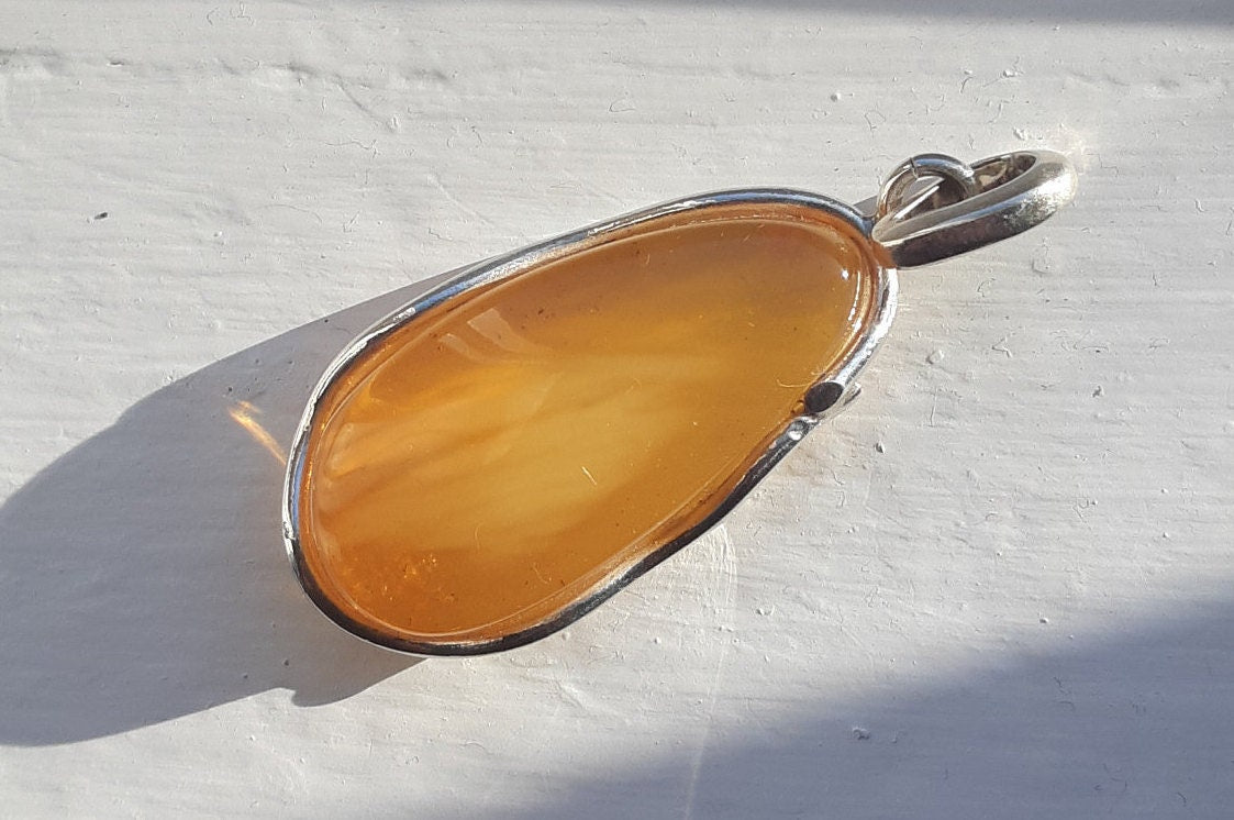 Baltic Amber Pendant Honey Natural Untreated Unisex Cloudy 2.12″ 8.3 gram 925 silver