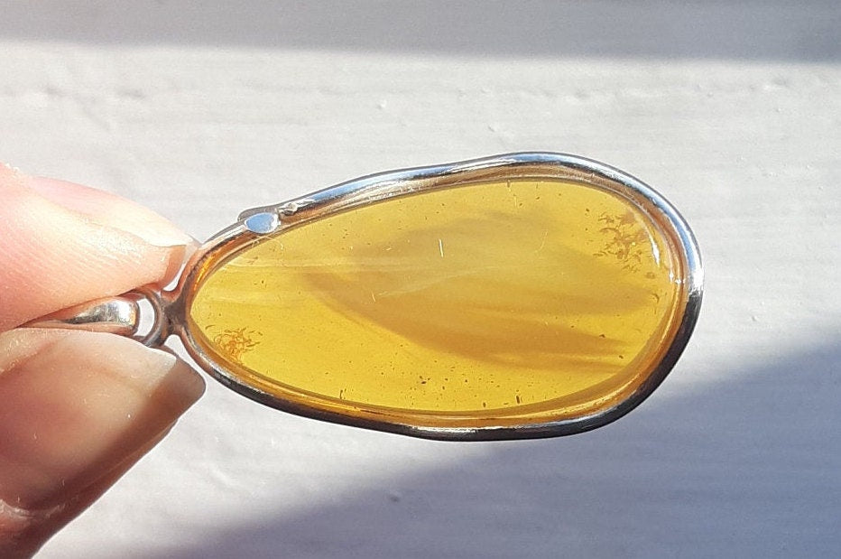 Baltic Amber Pendant Honey Natural Untreated Unisex Cloudy 2.12″ 8.3 gram 925 silver