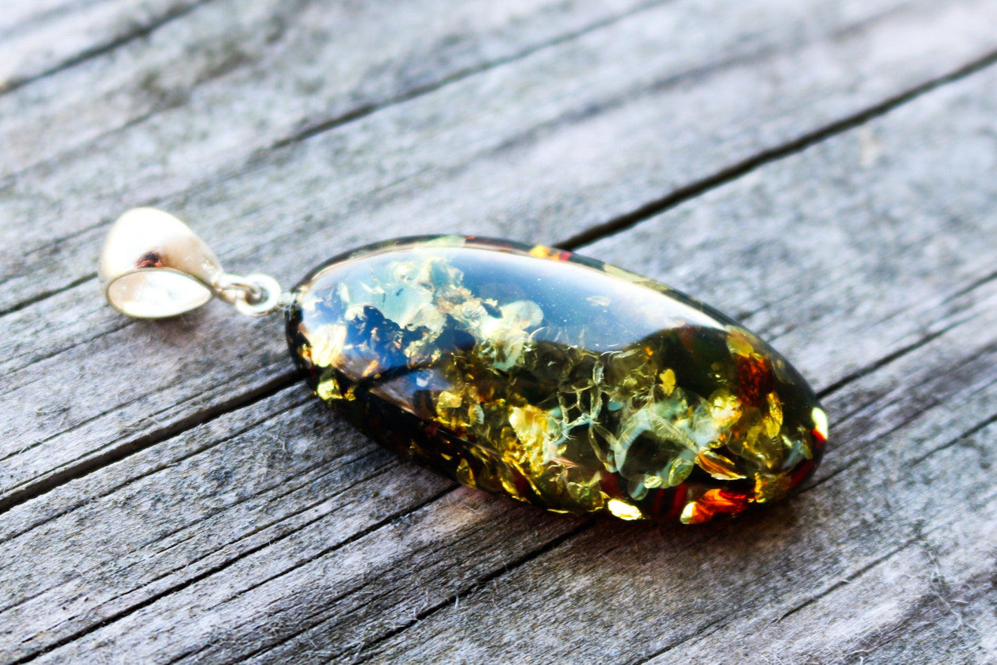 Baltic Amber Pendant Sparkling Green Oval Unisex Jewelry 2.4" 8.9 gram 925 Silver