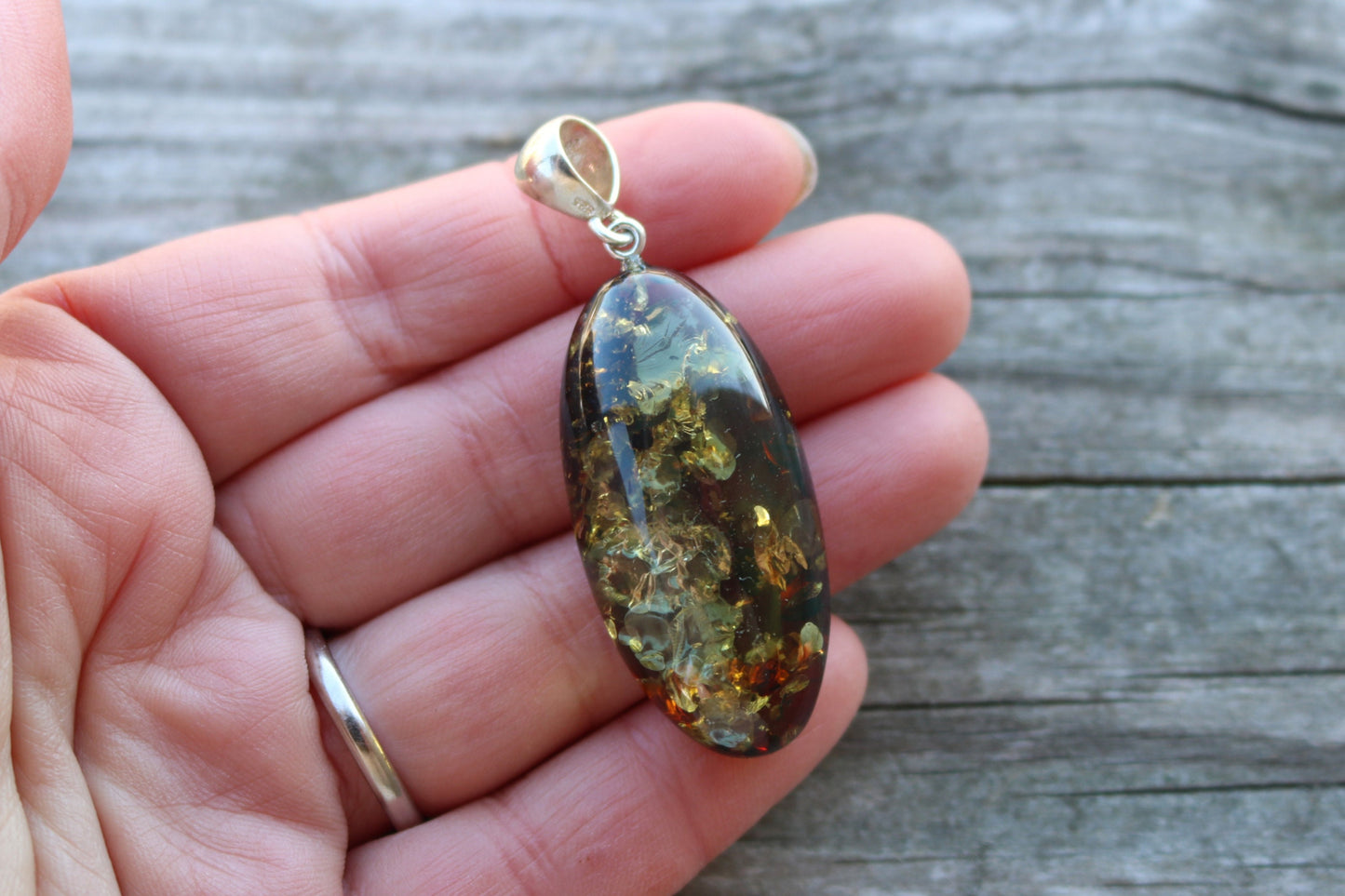 Baltic Amber Pendant Sparkling Green Oval Unisex Jewelry 2.4" 8.9 gram 925 Silver